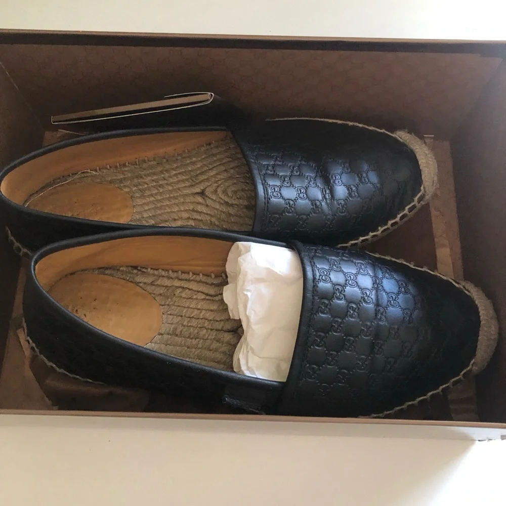 Gucci Black Leather Espadrilles Shoes Women's Guccissima GG Micro Size 37 US 7